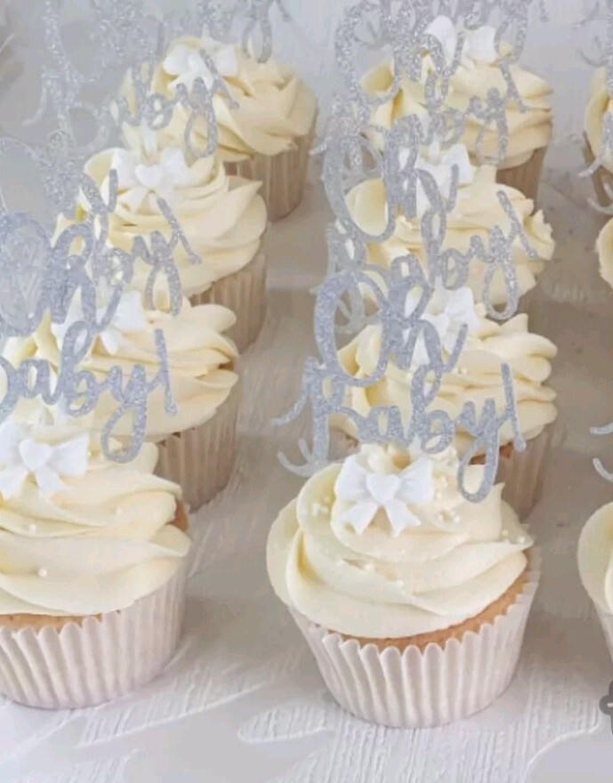 6 OH BABY  Cupcake Toppers Picks In Silver Glitter Card Baby Shower Gender...