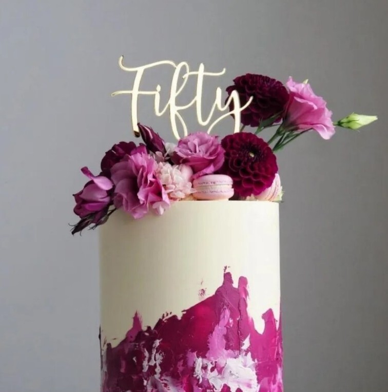 Gold Acrylic Wording Fifty Cake Topper , Birthday , Anniversary