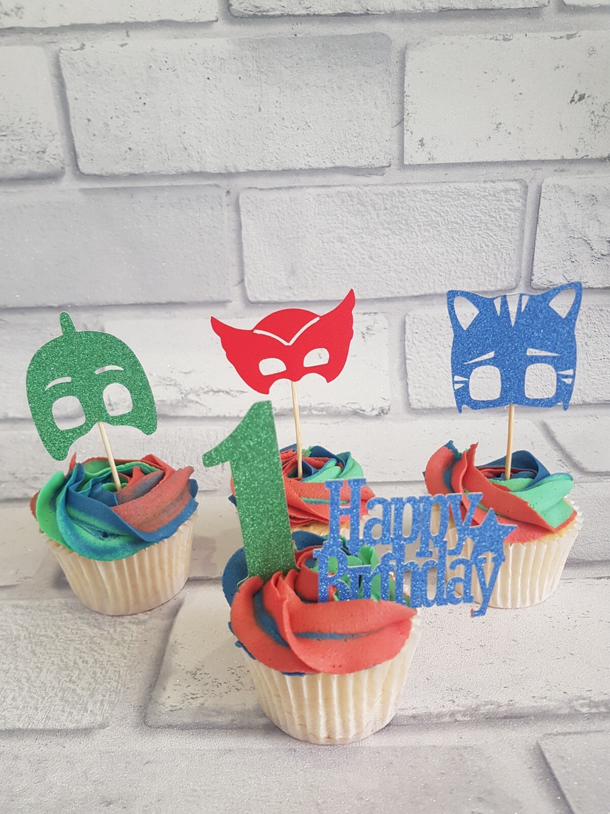 12 Personalise PJ Mask Style Non Edible Cupcake Toppers Happy Birthday