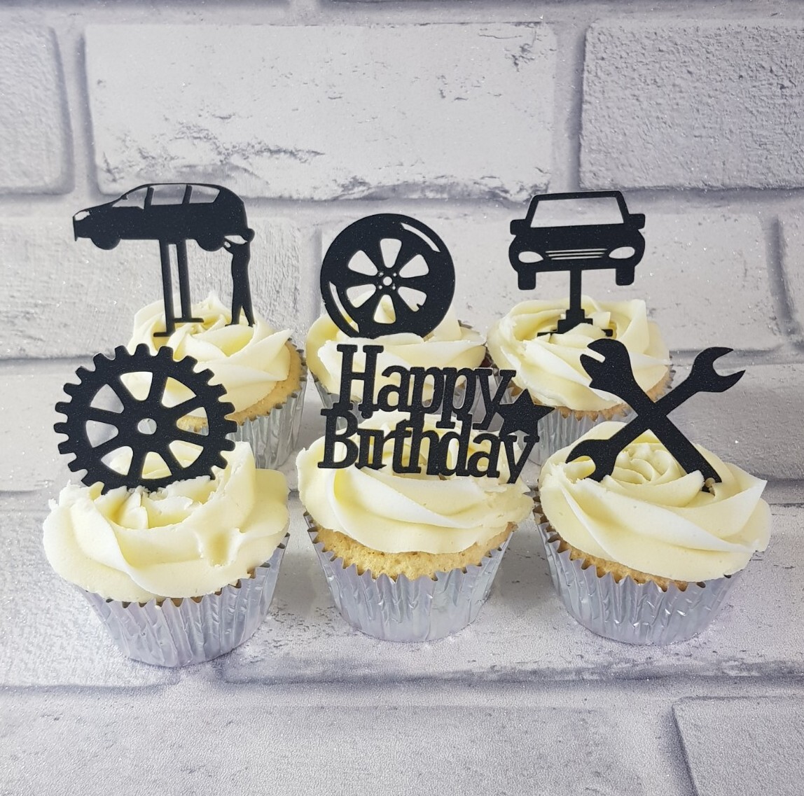 6 Black Glitter Card Mechanic Design Non Edible Cupcake Toppers Happy Birthday