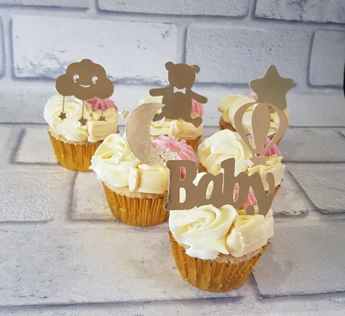 6 Gold Mirror Card New Baby/ Babyshower Nonedible Cupcake Toppers