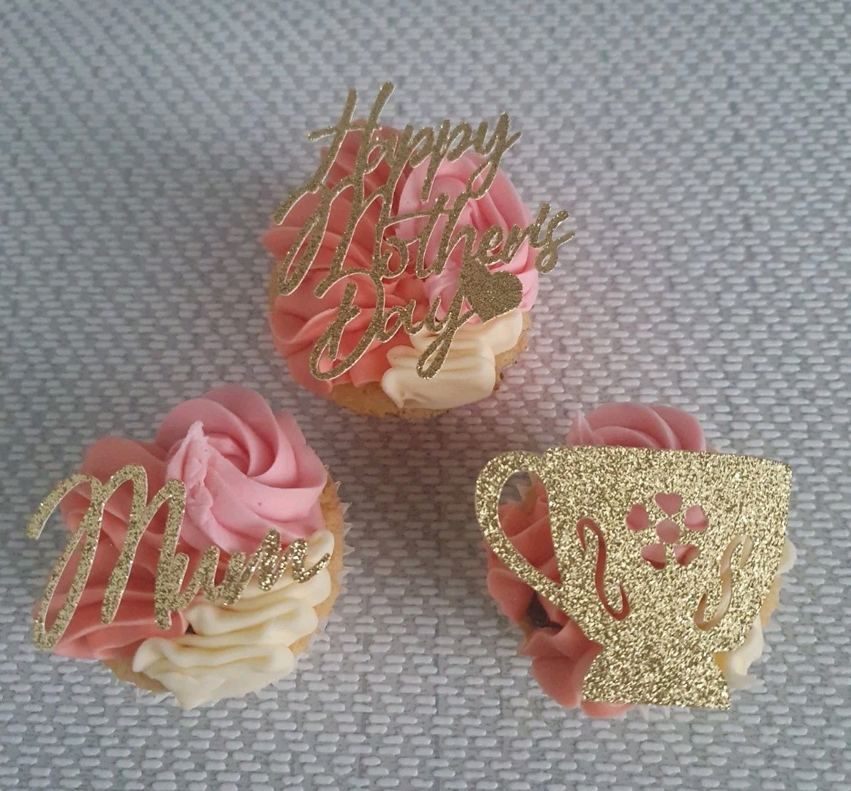 12 Gold Glitter Card Happy Mothers Day Cupcake Toppers 3 Designs
