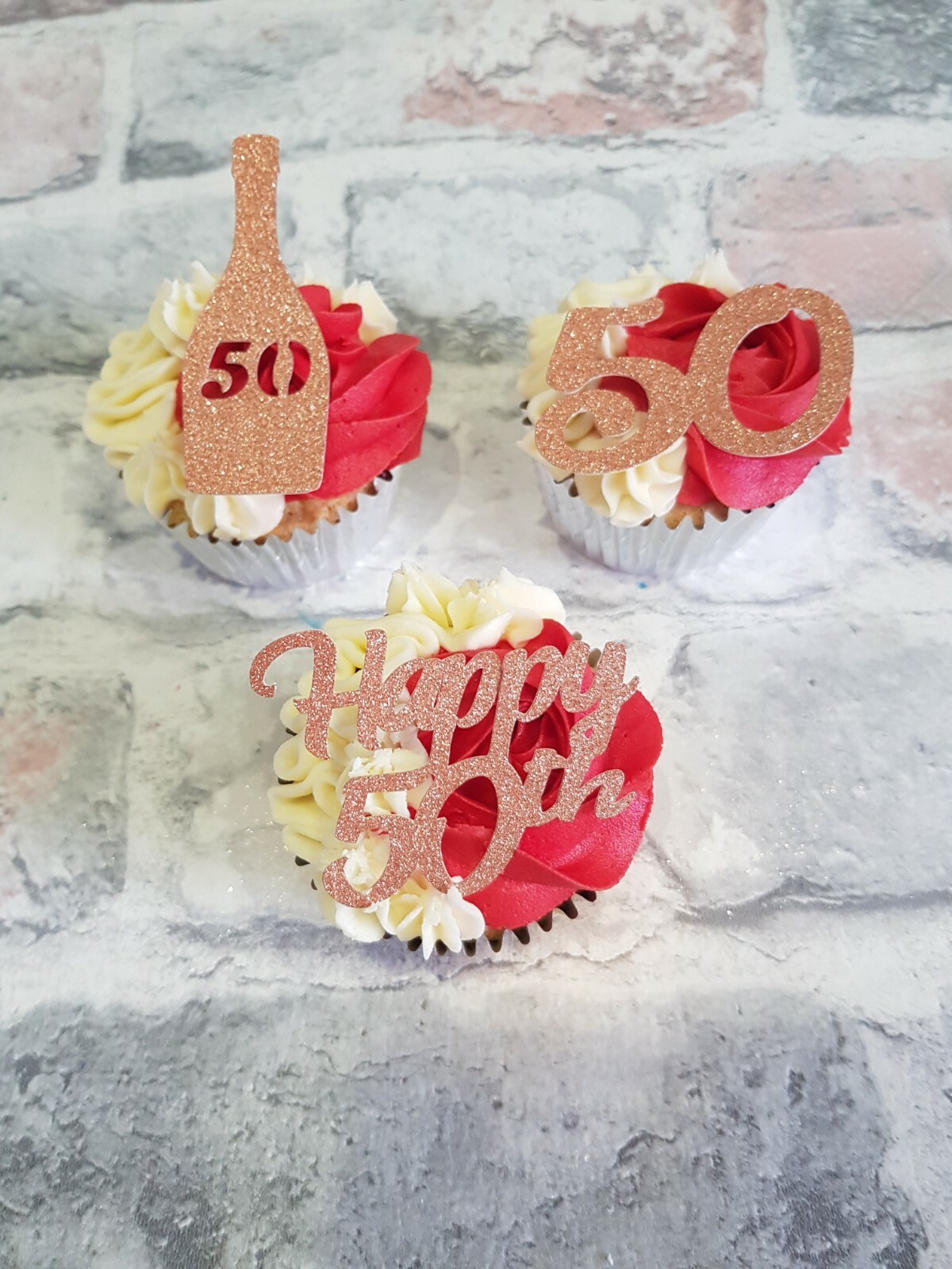12 Rose Gold Happy 50th Birthday Cupcake Toppers - 3 Design Variety Pack