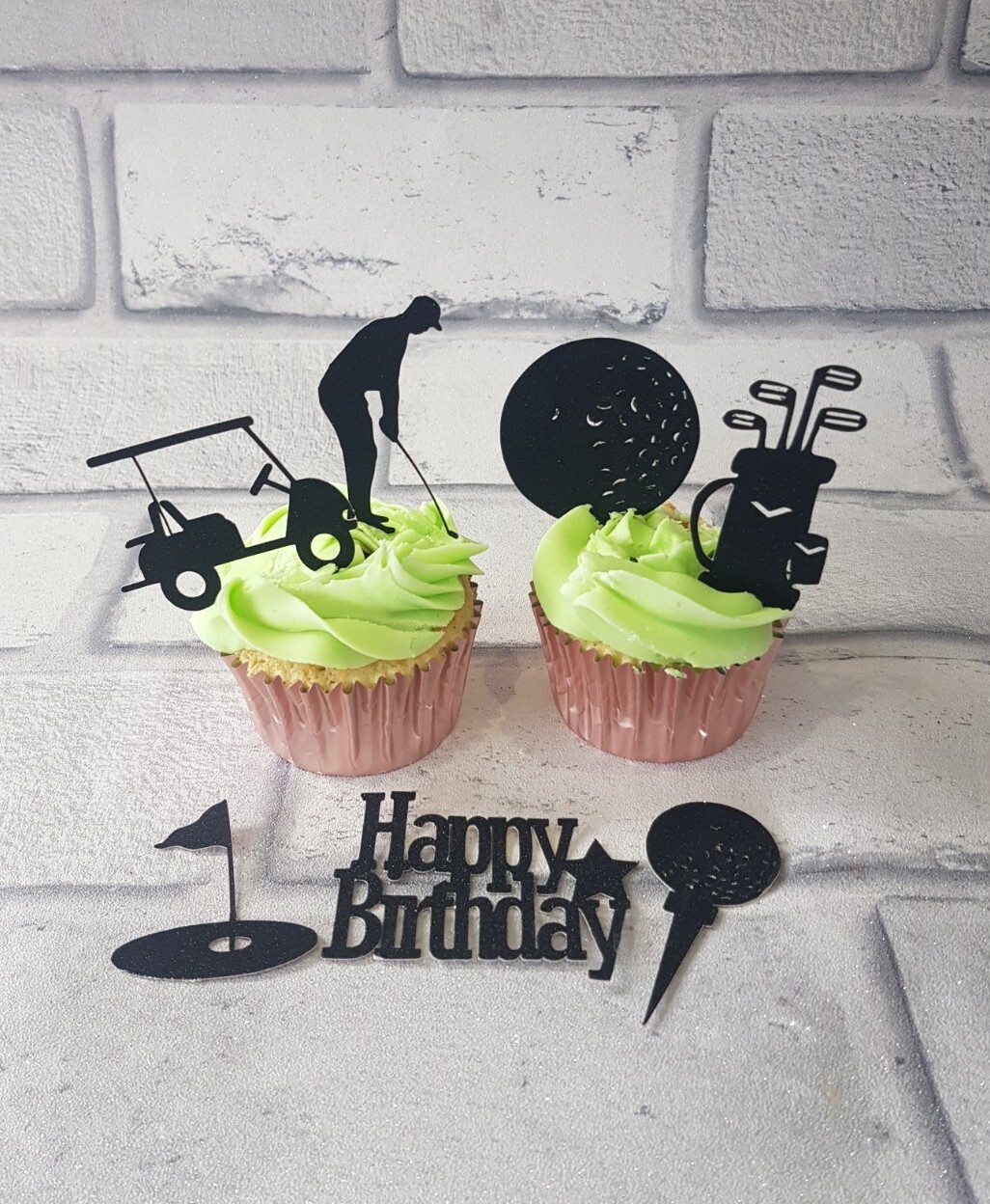 7 Black Glitter Card Happy Birthday Golf Design Cupcake Toppers