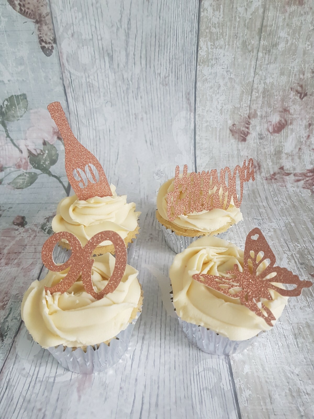 12 Rose Gold Happy 90th Birthday Cupcake Toppers 4 Designs And 3 Of Each Design