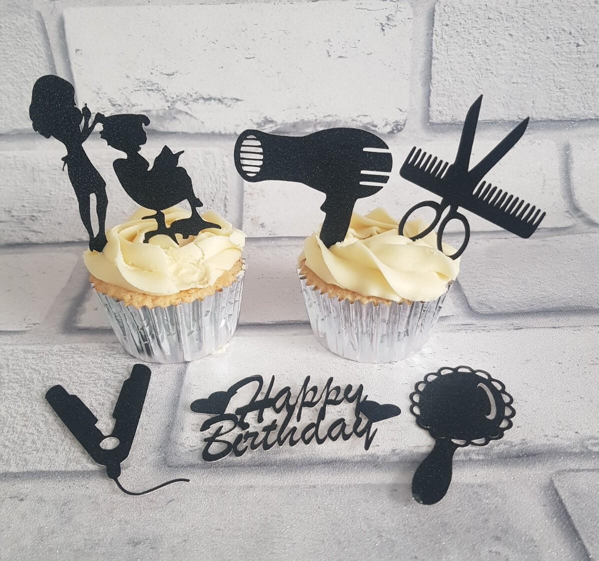 6 Black Glitter Card Hair Dressing Cupcake Toppers , Birthday , Arts And Craft
