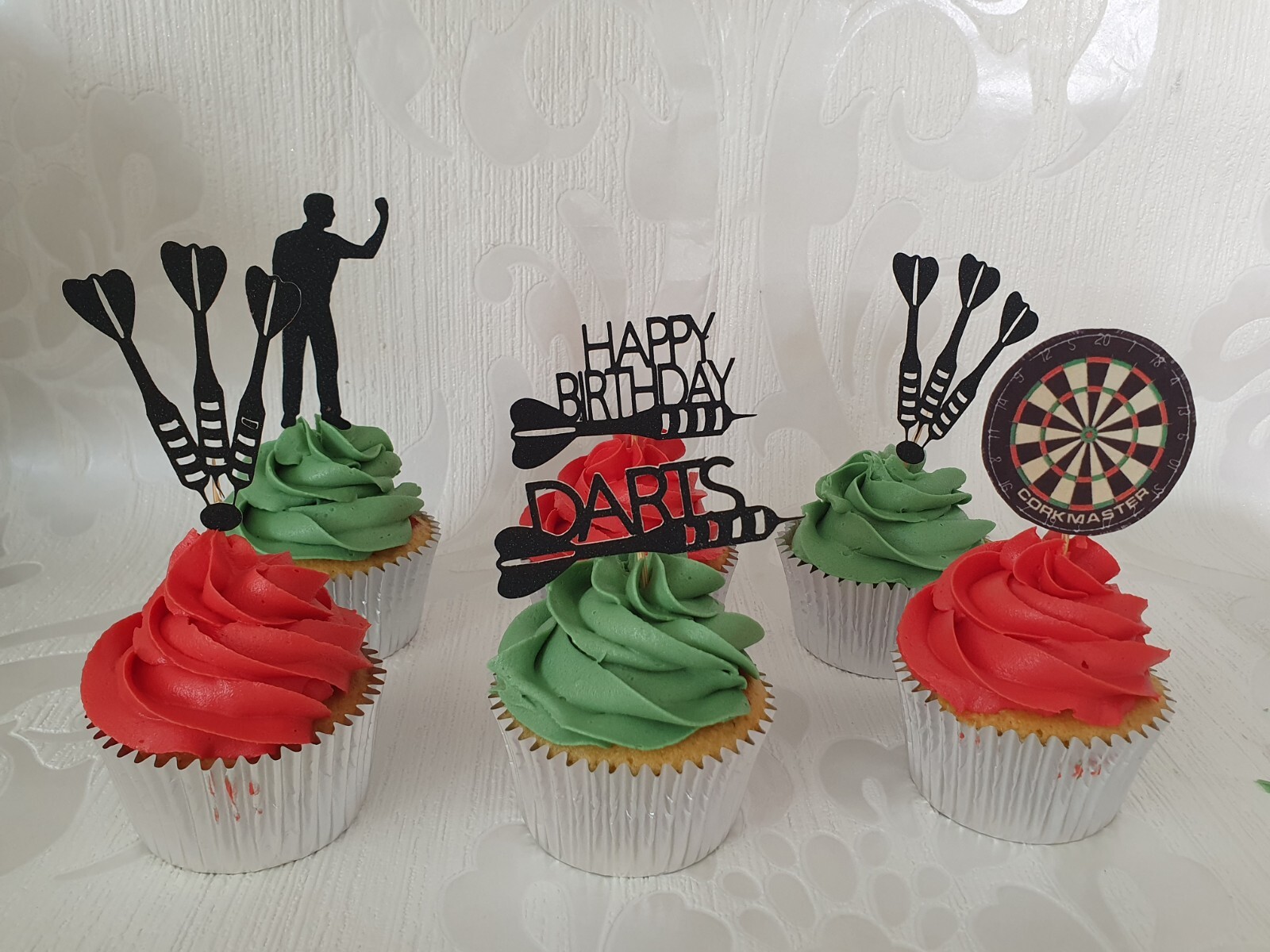 6 Black Glitter Card Darts Happy Birthday Cupcake Toppers