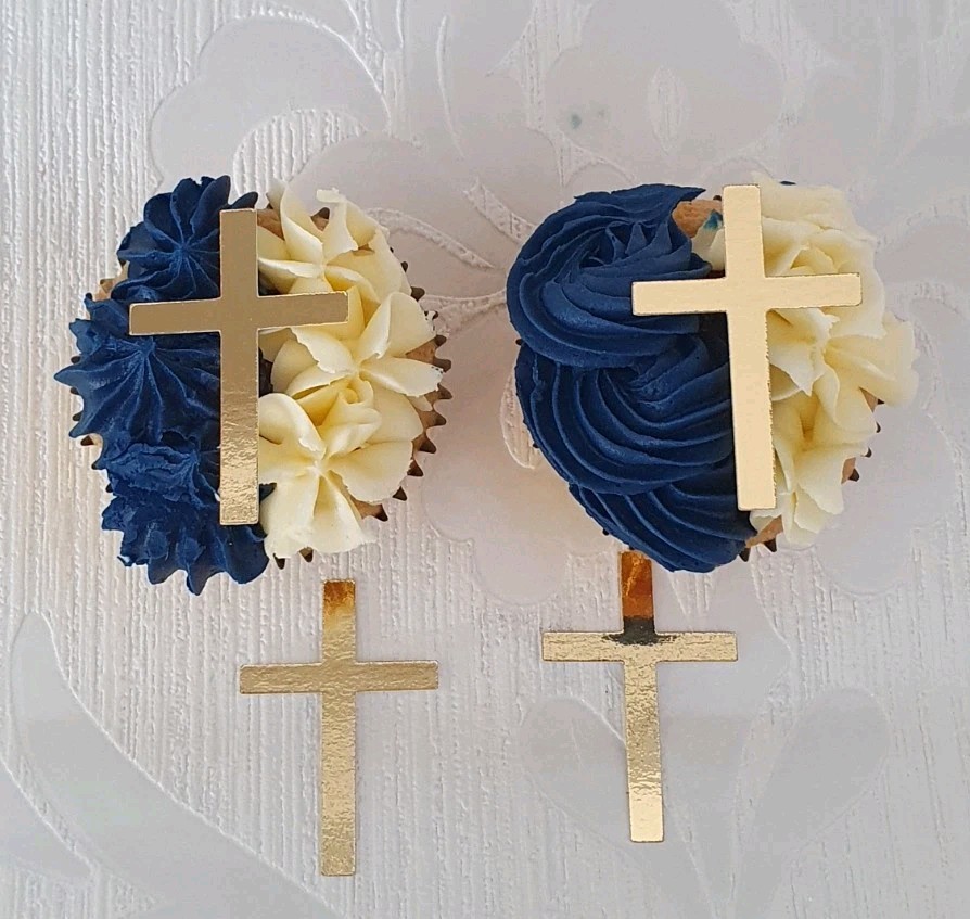12 Gold Mirror Card Crosses Cupcake Toppers , Communion Christening Wedding