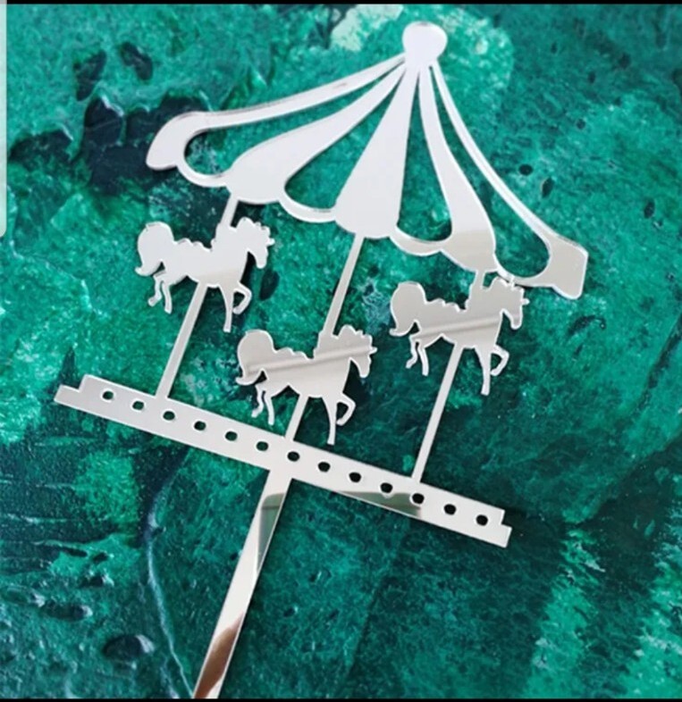 Silver Acrylic Merry Go Round Cake Topper , Baby Shower , Christening , New Baby