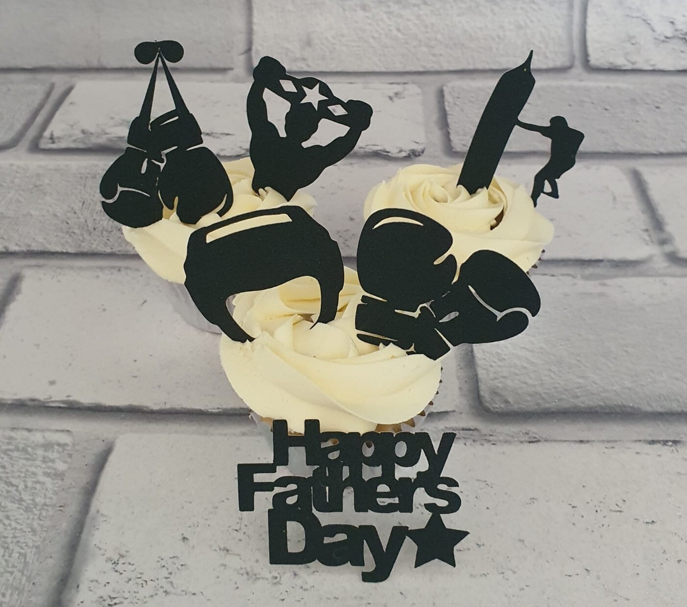 6 Black Card Non Edible Boxing Sport Design Cup Cake Toppers , Happy Fathers Day