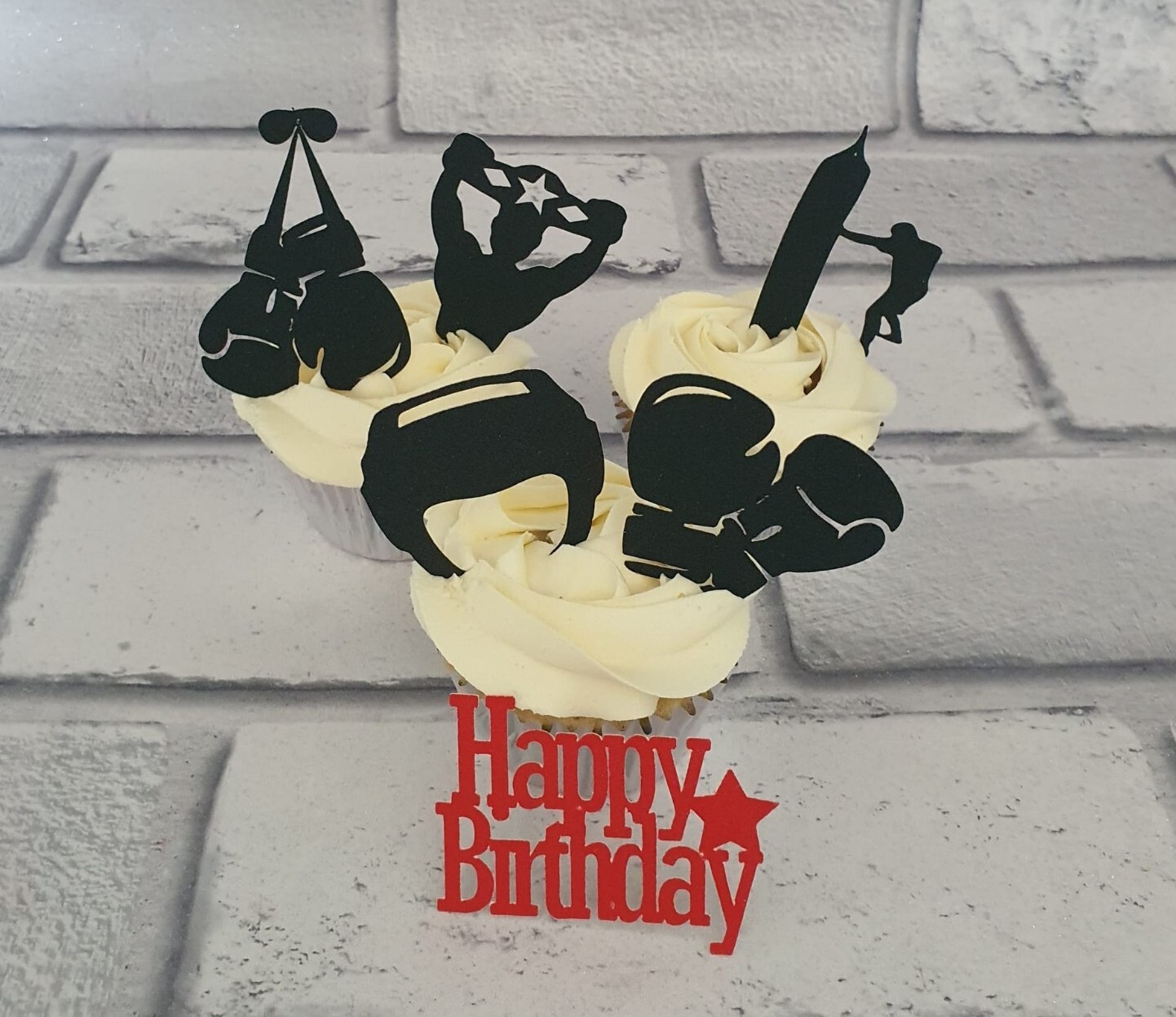 6 Black Non Edible Boxing sport Design , Happy Birthday Cupcake Toppers
