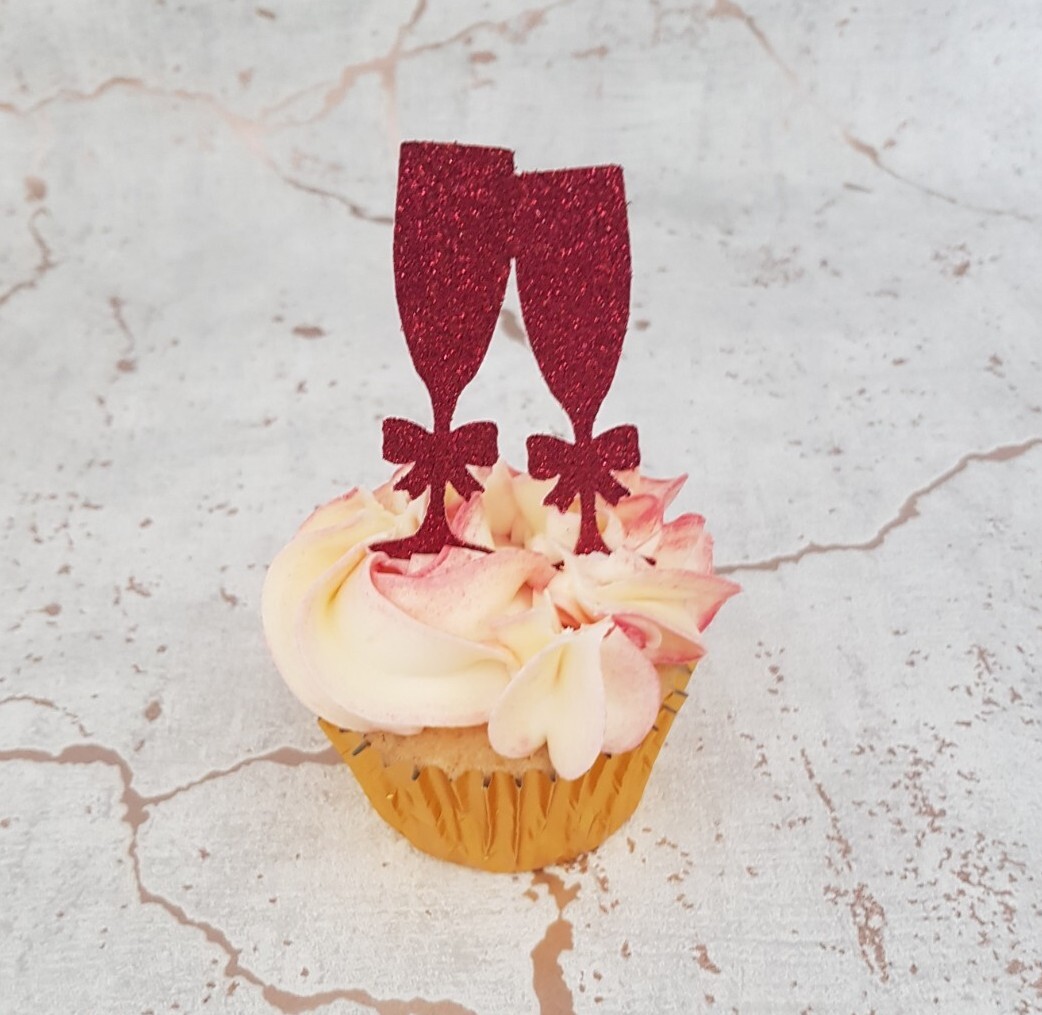 12 Ruby Red Champagne Glasses Glitter Card Cupcake Toppers