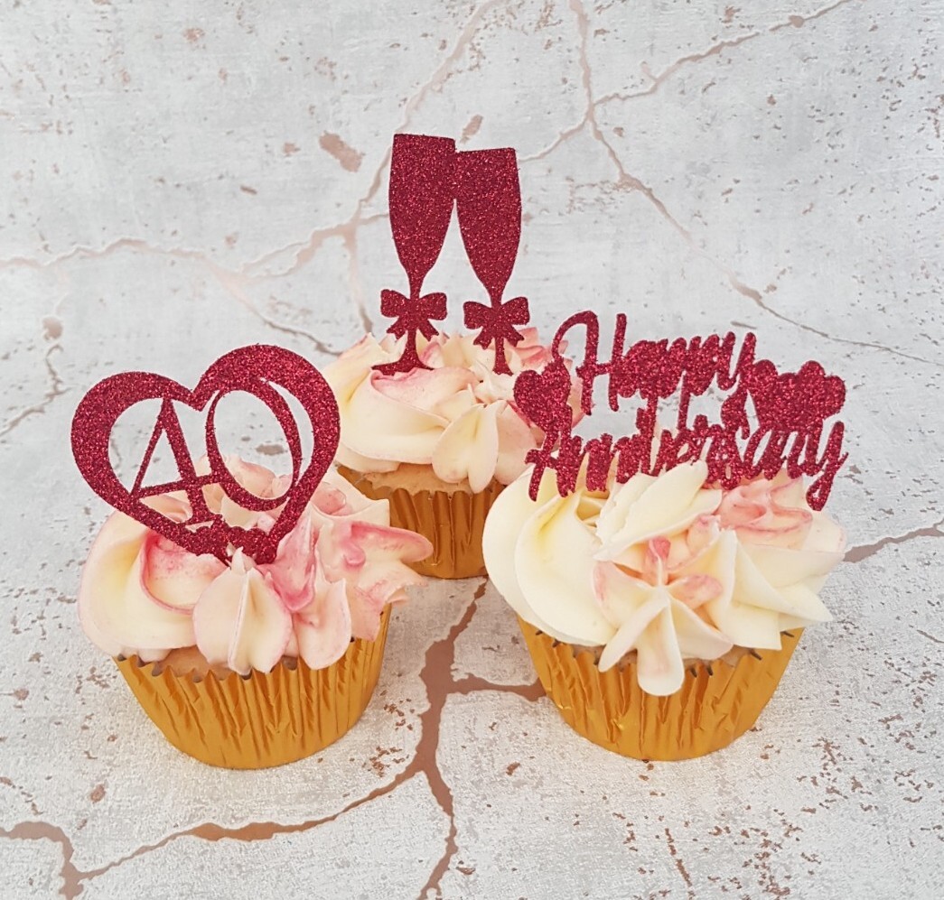 6 Ruby Red Happy Anniversary Glitter Card Cupcake Toppers In 3 Designs And 2 Of