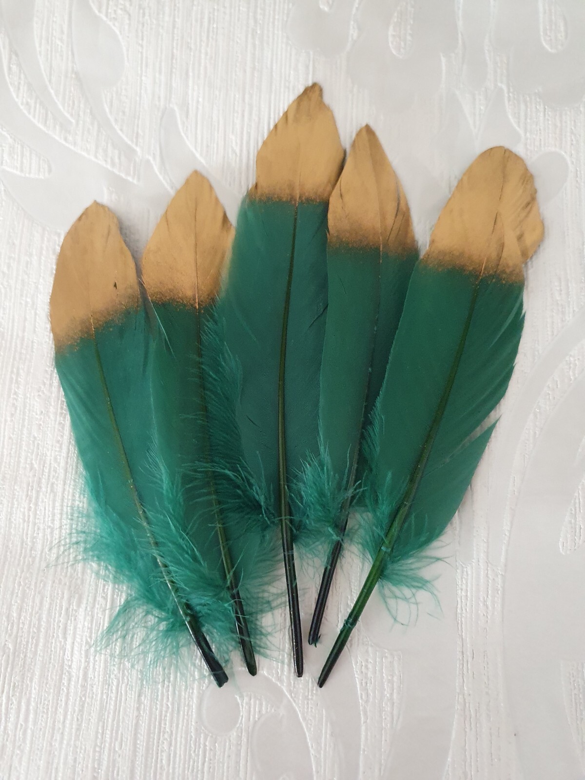 5 Green And Gold Feathers 7" - 8" In Height Toppers Crafts Hobbys