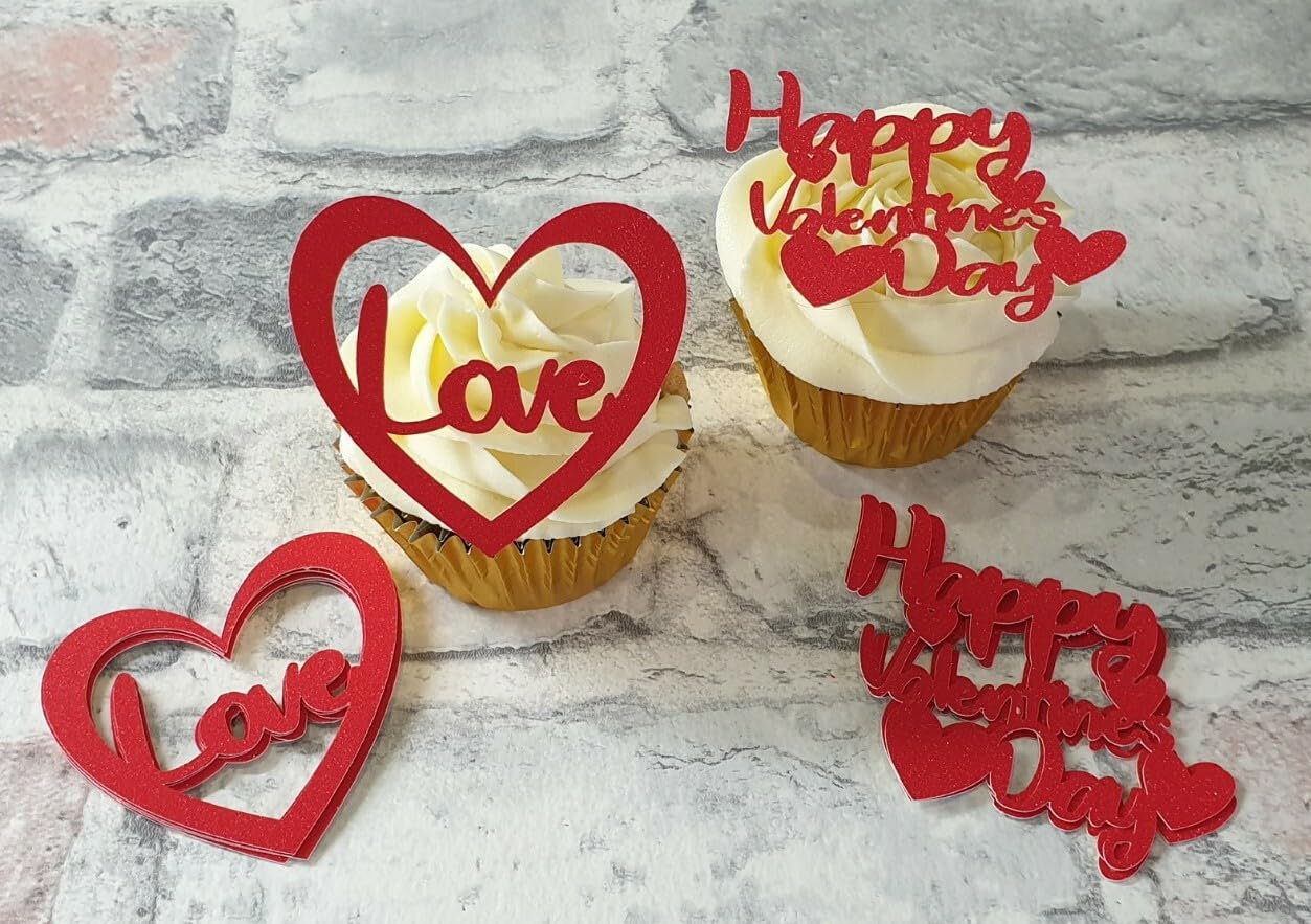 12 x Valentines Day Cupcake Toppers, Red Glitter Card, 2 Designs, Non-Edible
