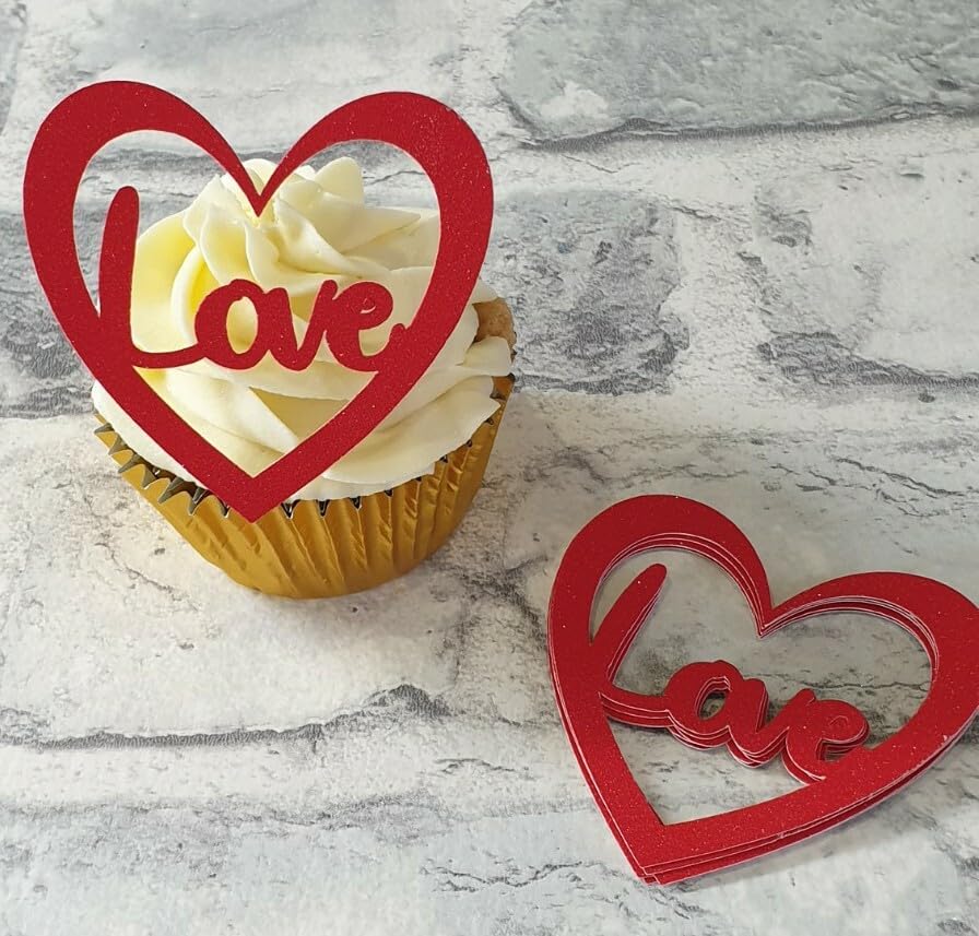 12 x Love Heart Cupcake Toppers for Valentines Day, Wedding, Anniversary, Engagement, Red Glitter, 5x5cm
