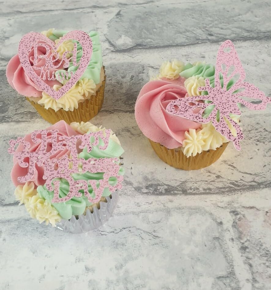 Mother's Day Cupcake Toppers, 12 Pieces in 3 Designs, Pink Cardstock, Heart and Butterfly Decorations