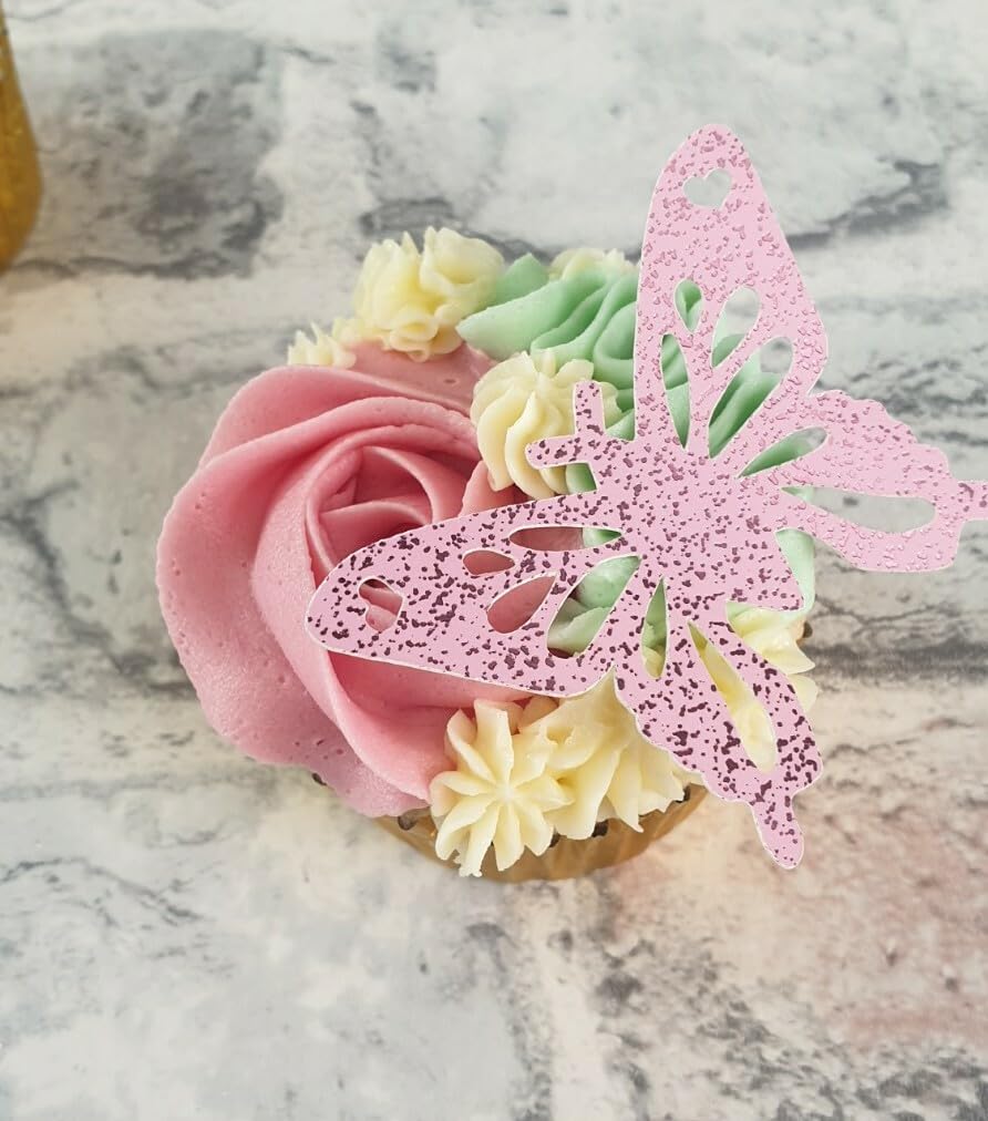 12 Butterfly Cupcake Toppers for Easter, Mothers Day, Birthday, Wedding, Pink Card, 6cm x 5cm