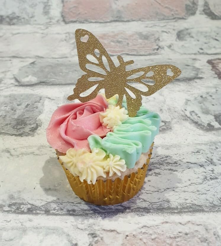 12 Butterfly Cupcake Toppers, Mothers Day, Birthday, Wedding, Gold Card, 6cm x 5cm