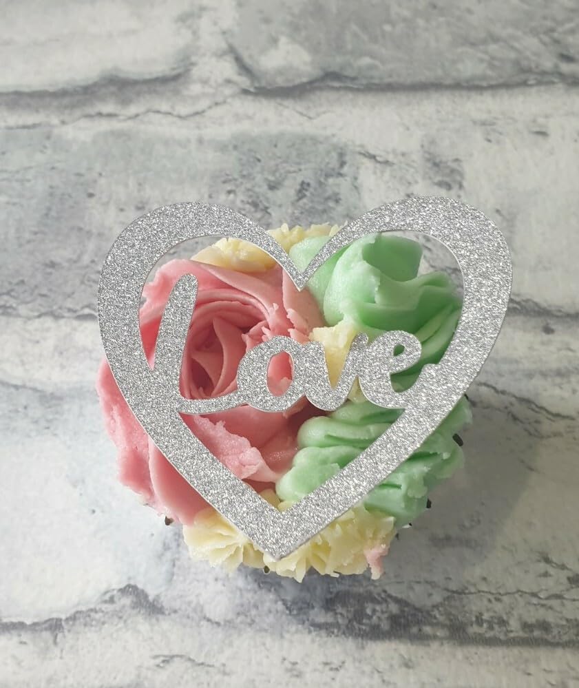 12 Silver Love Heart Cupcake Toppers, Mother's Day Anniversary Wedding Birthday, 7cm Height x 6cm Width