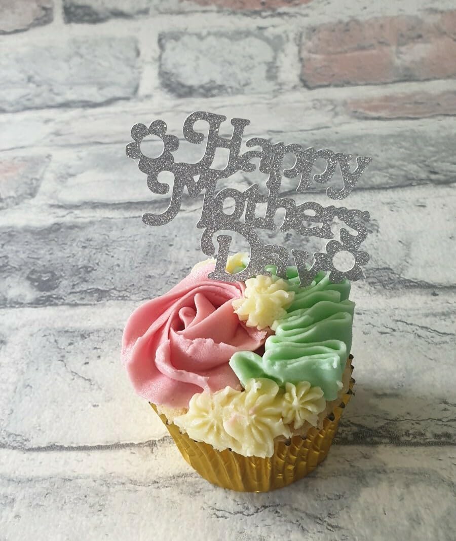 Happy Mothers Day Cupcake Toppers, Silver, 6cm x 5cm, 12 Count