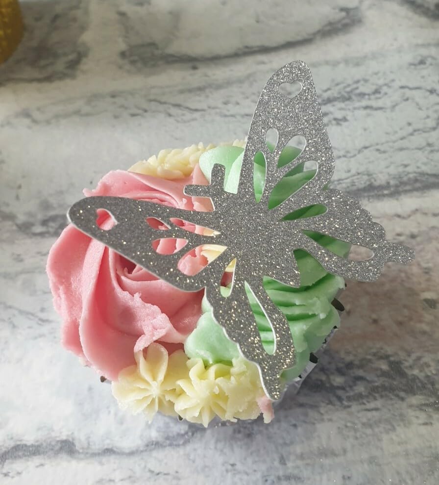 12 Happy Mothers Day Silver Butterfly Cupcake Toppers, 5cm x 4cm