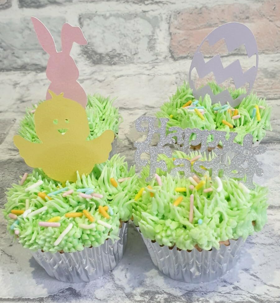 12 Happy Easter Cupcake Toppers in 4 Designs, Bunny Chick Egg, Silver Glitter, 3.5-6.5 cm