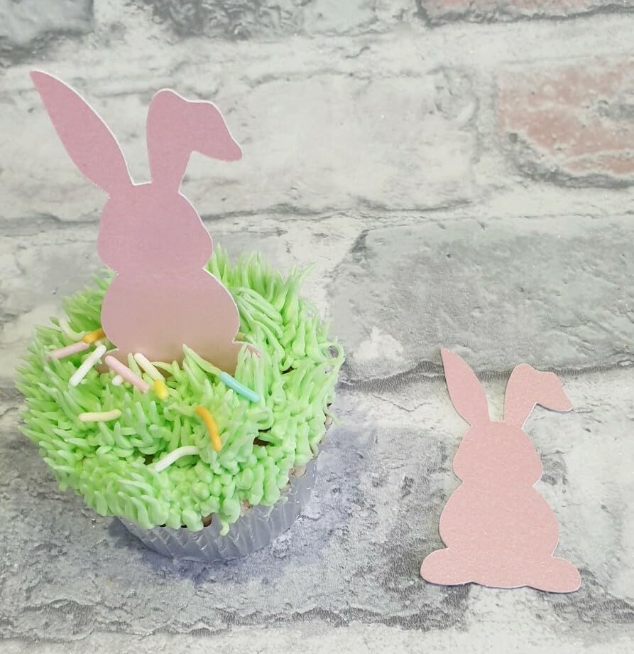12 Happy Easter Bunny Cupcake Toppers, Pink Pearlised Card, 6.5 x 3.5 cm
