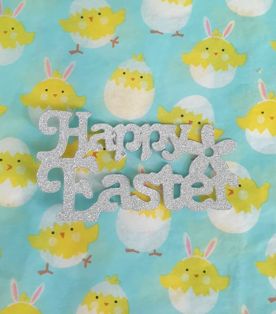 Happy Easter Silver Glitter Cupcake Toppers, 12 Pack, 6cm x 3.5cm, Non-Shed Card