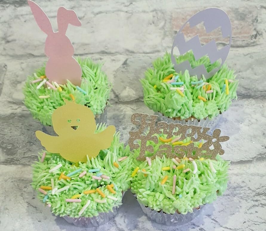 12 Easter Cupcake Toppers in 4 Designs, Gold Glitter and Pearlised Card, Bunny Egg Chick Happy Easter