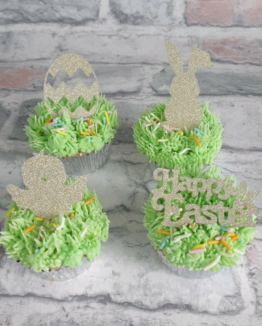 12 Easter Cupcake Toppers, 4 Designs, Gold Glitter, Egg Rabbit Chick Happy Easter, 3.5-6.5 cm