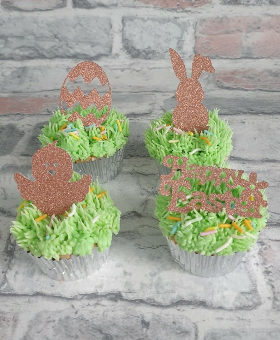 12 Happy Easter Cupcake Toppers, Rose Gold, 4 Designs, Non-Shed Glitter Cardstock