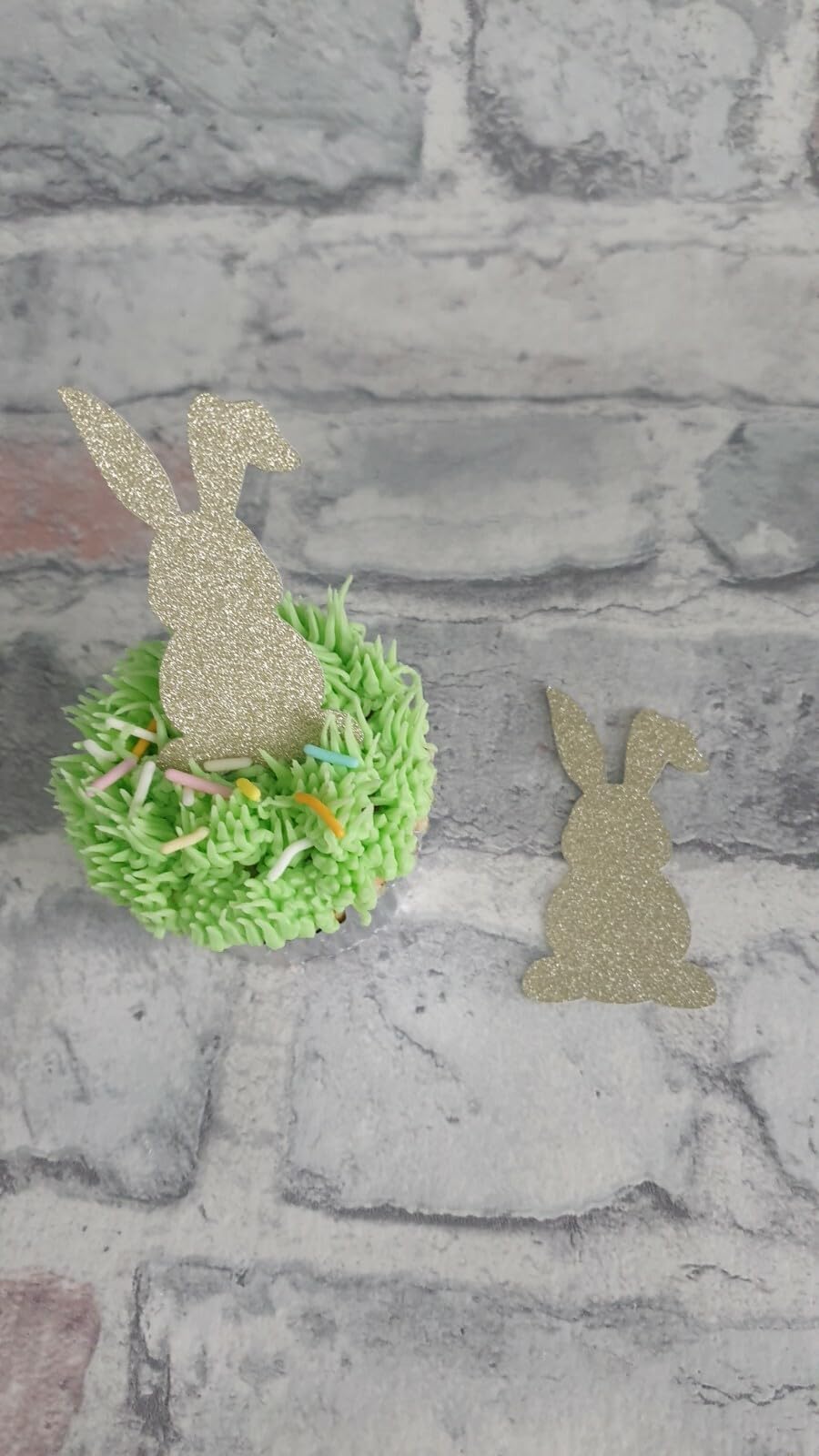 12 Happy Easter Bunny Rabbit Cupcake Toppers in Gold, 6.5 x 3.5 cm