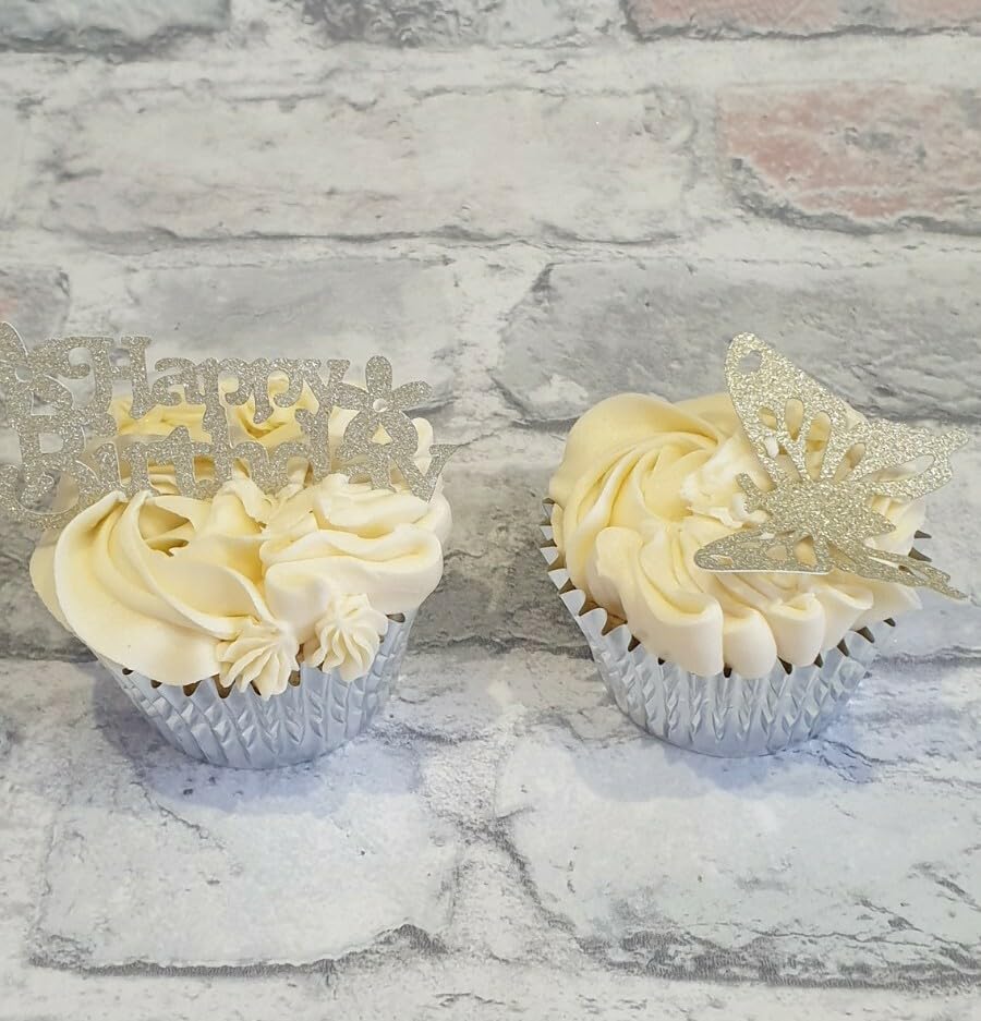 12 Gold Glitter Happy Birthday and Butterfly Cupcake Toppers, 6 of Each Design, 3.5x6 cm