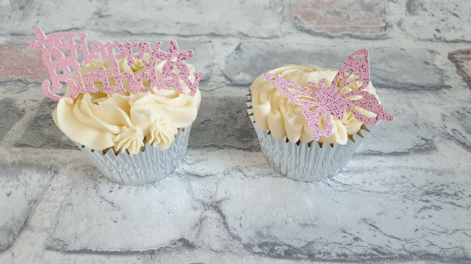 12 Pink Happy Birthday and Butterfly Card Cupcake Toppers, 6 of Each Design