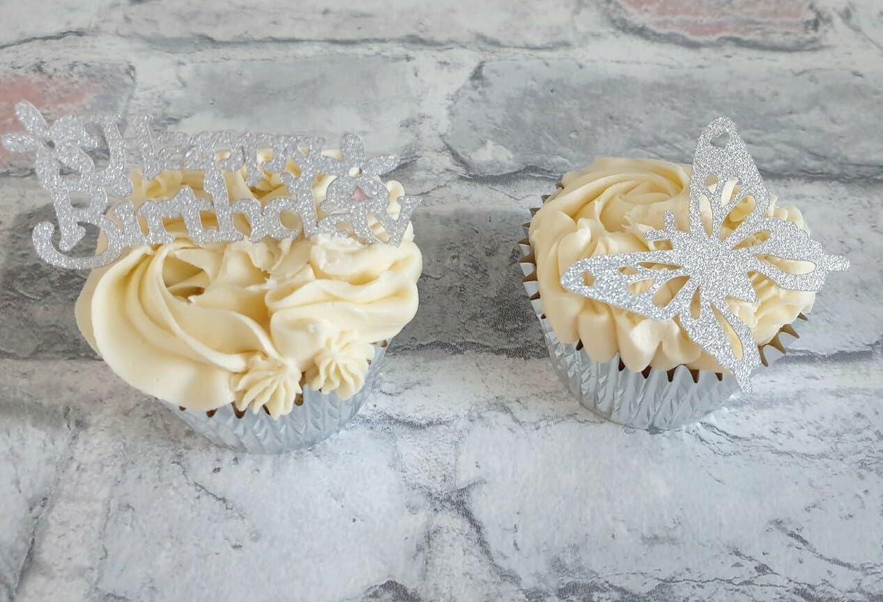 12 Happy Birthday and Butterfly Cupcake Toppers, Silver Glitter Card, 6 of Each Design