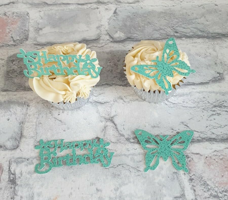 Happy Birthday and Butterfly Cupcake Toppers, Mint Green with Glitter, 12 Pack