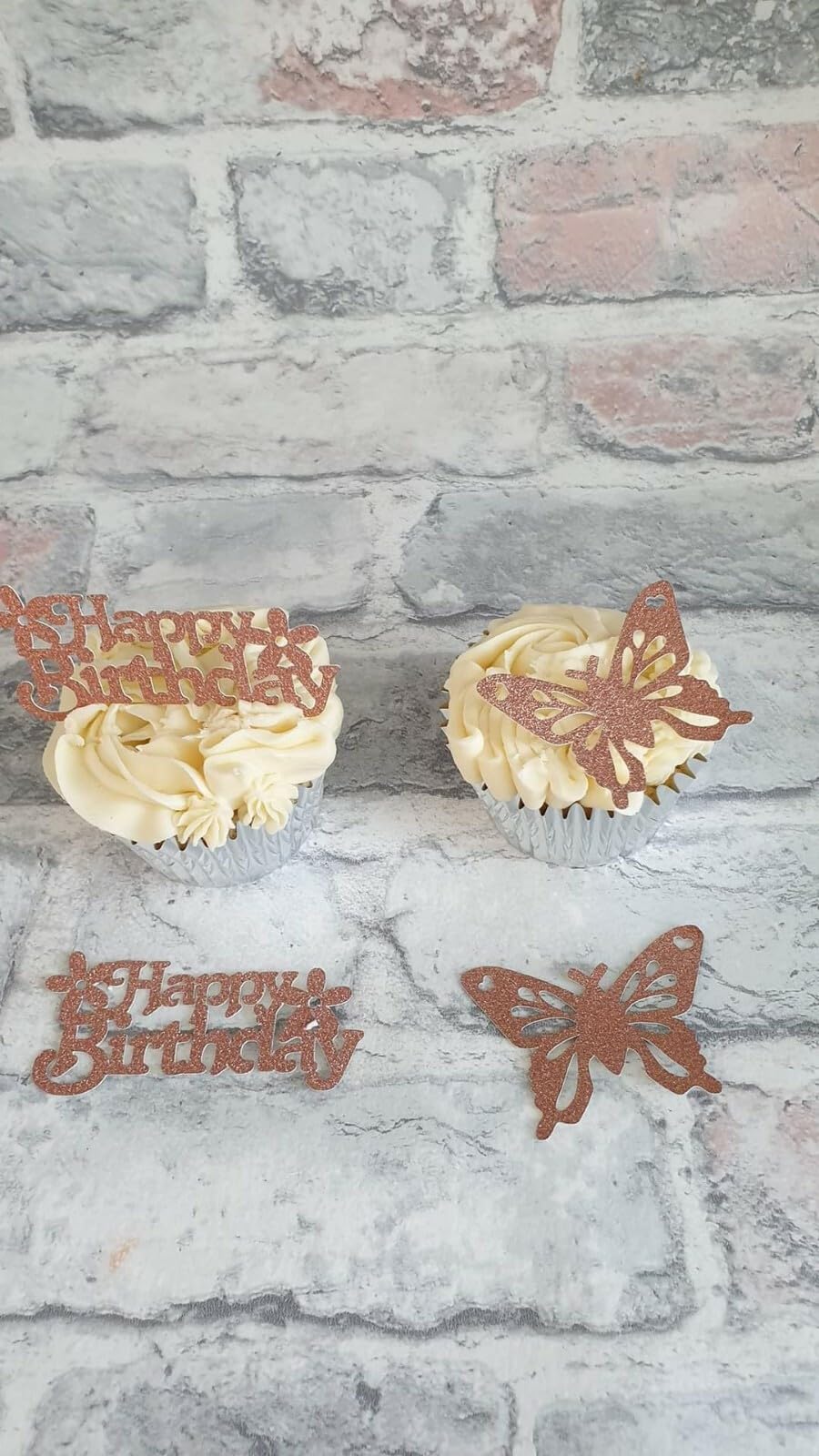 12 Rose Gold Happy Birthday and Butterfly Cupcake Toppers, 6 of Each Design, Party Decoration