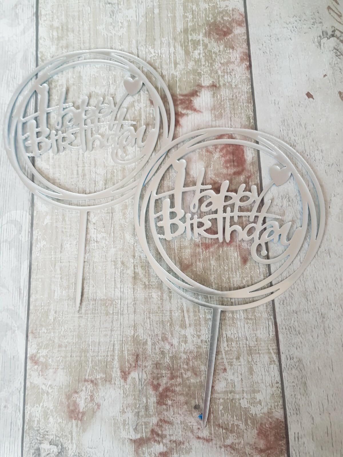 Acrylic Silver Happy Birthday Cake Toppers, 2 Pack, 16 cm Height, Mirror Effect