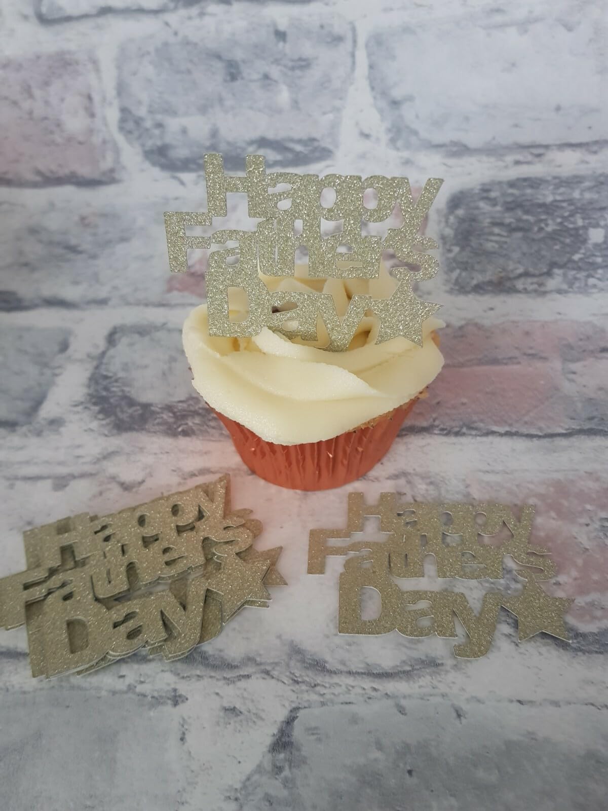 12 Happy Fathers Day Cupcake Toppers, Gold Glitter Card, 6cm x 5cm
