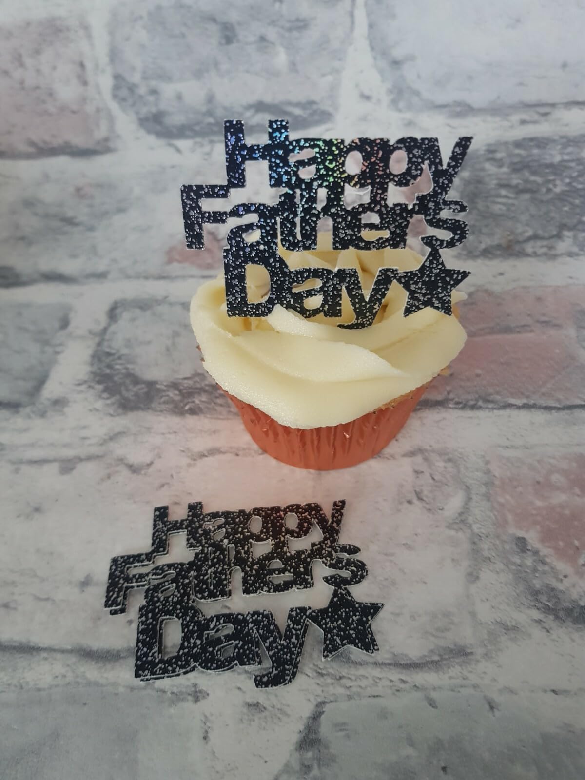 12 Happy Father's Day Cupcake Toppers, Black and Silver Glitter, 6cm x 5cm