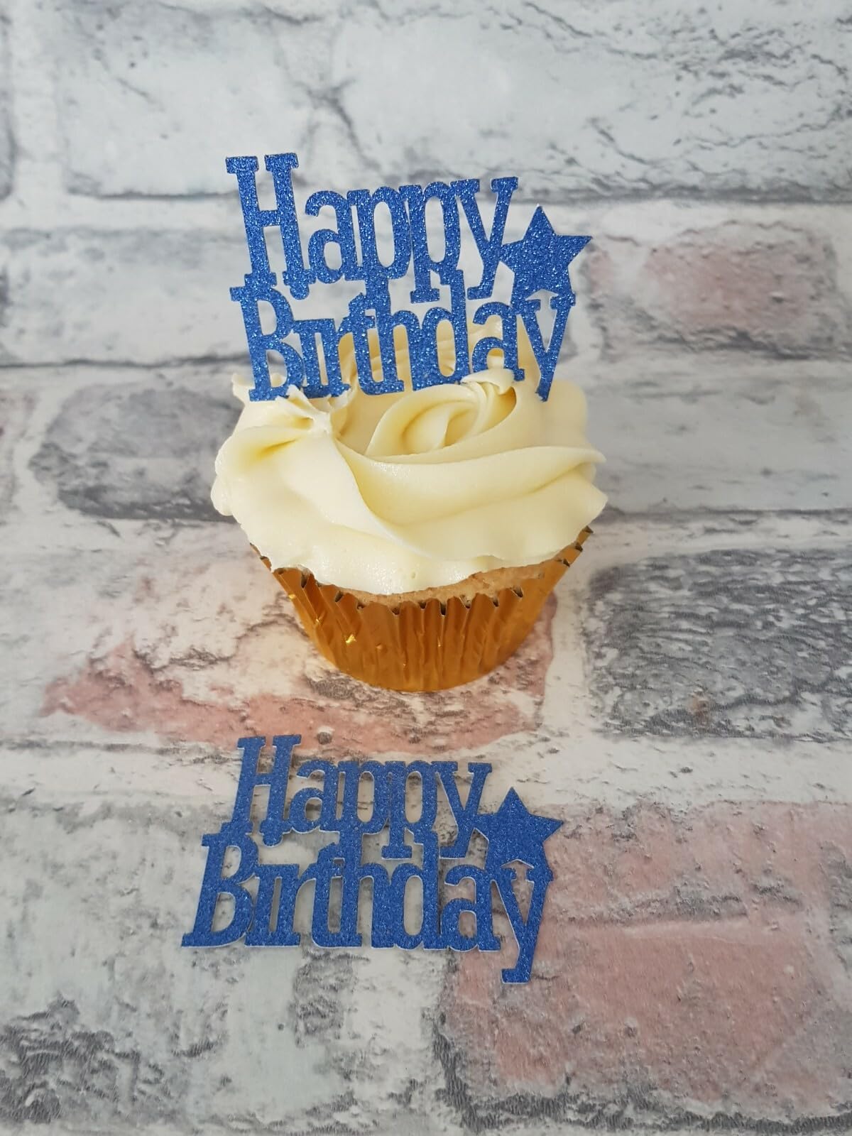 12 Blue Happy Birthday Cupcake Toppers, Glitter Cardstock, 6cm x 4cm