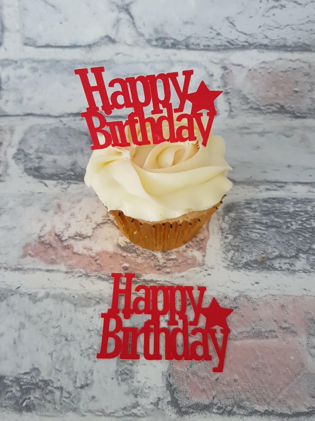 12 Red Happy Birthday Cupcake Toppers, Red Glitter Card, 6cm x 4cm