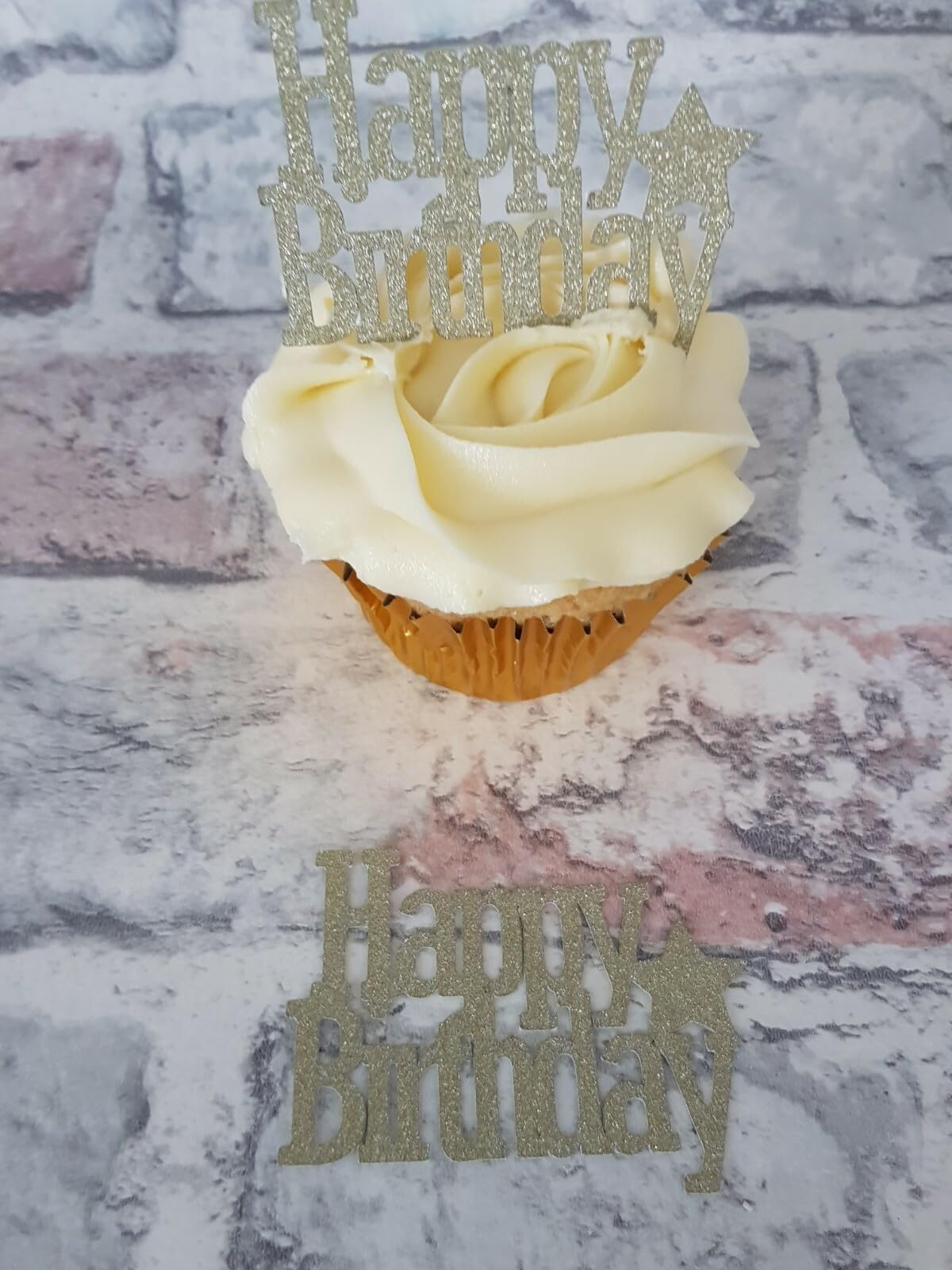 12 Happy Birthday Cupcake Toppers, Gold Glitter, 6cm x 4cm
