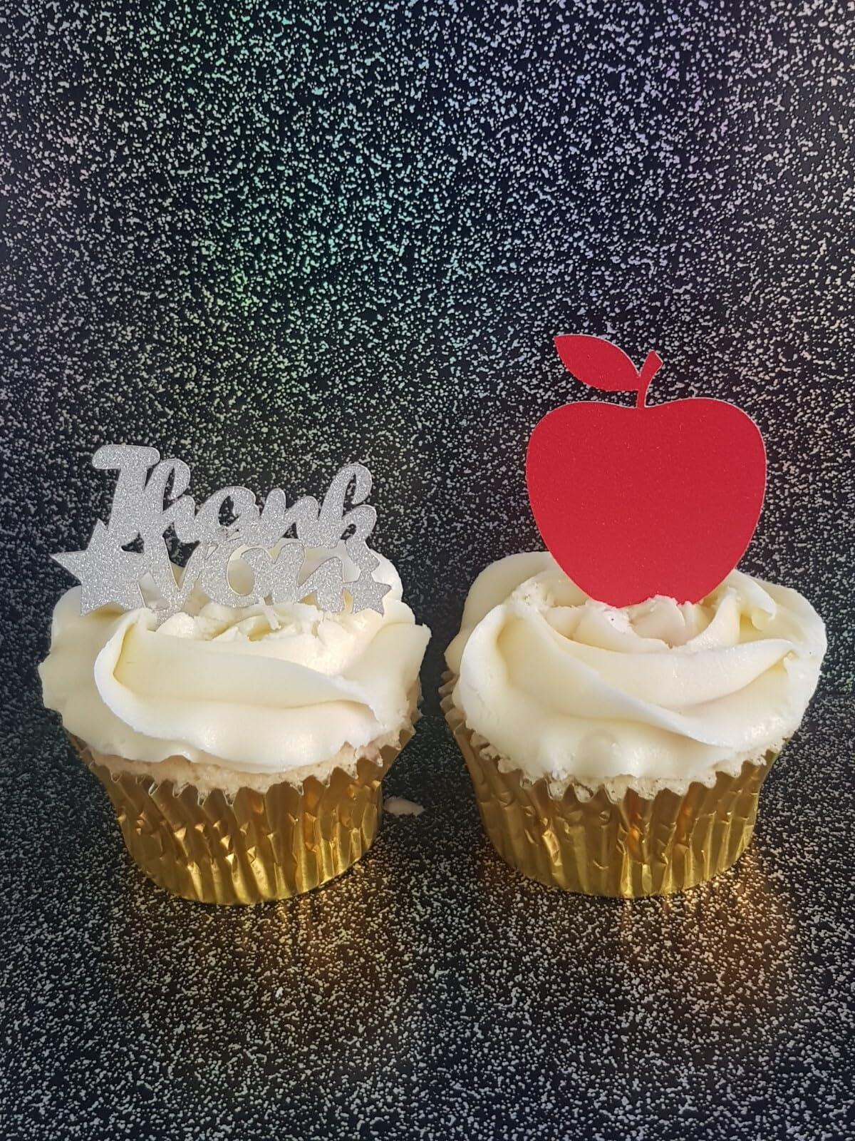 12 Thank You Teacher Cupcake Toppers, Silver and Red Glitter Card, Apple Design, 6cm x 4cm