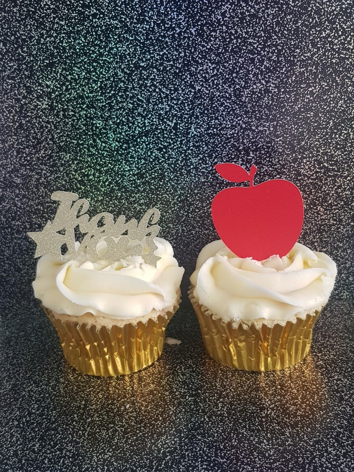 Thank You Teacher Cupcake Toppers, 12 Pack, Gold and Red Glitter Card, Apple Design, 6cm x 4cm