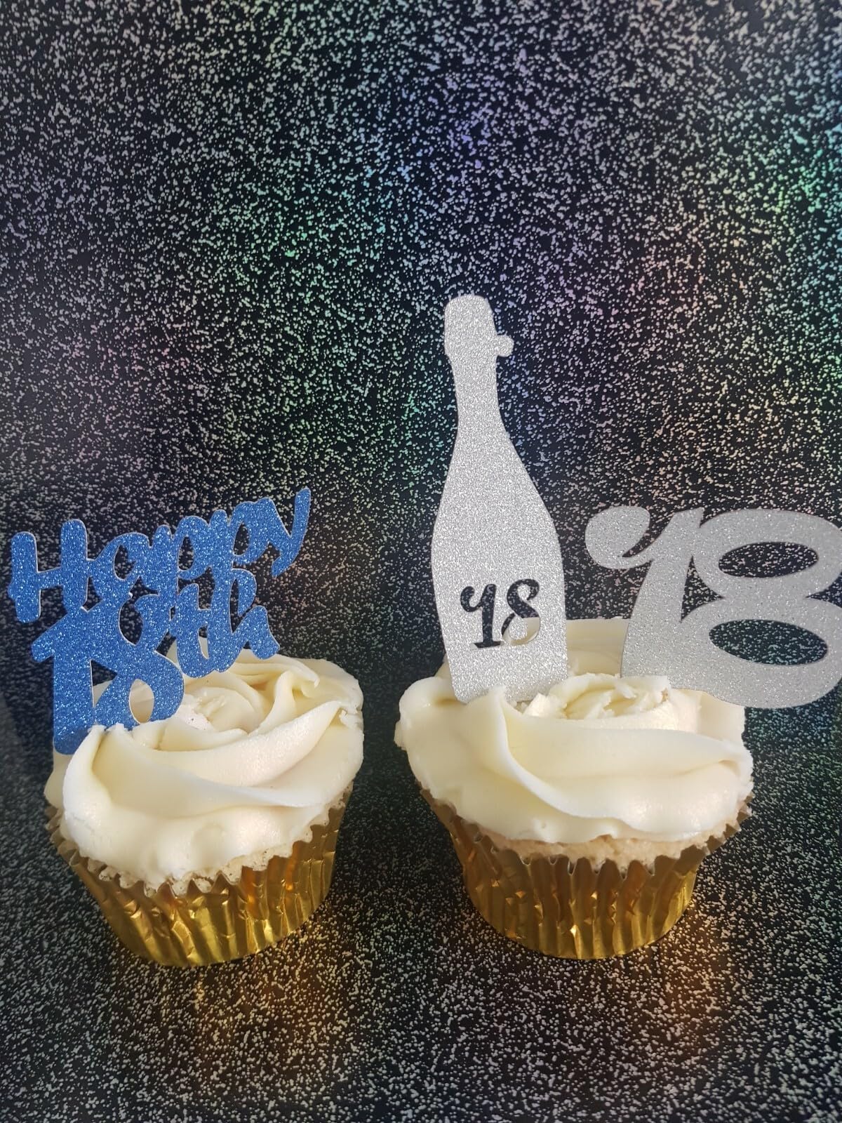 12 Happy 18th Birthday Cupcake Toppers, Blue and Silver Glitter Card, 3 Designs