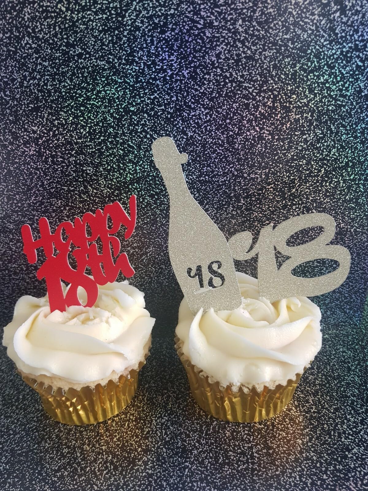 12 Happy 18th Birthday Cupcake Toppers in Red and Gold Glitter Card, 4 of Each Design