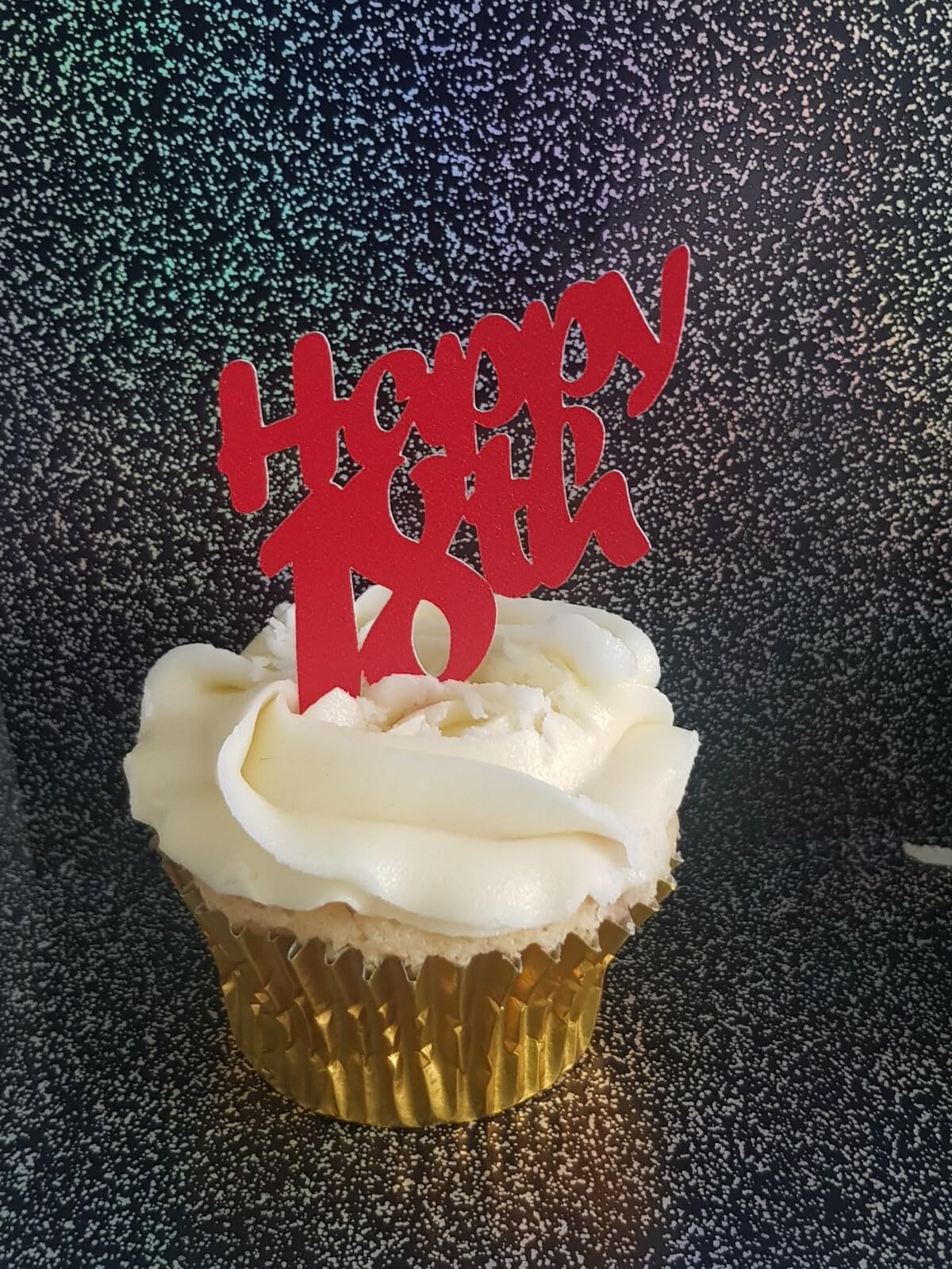 12 Red Glitter Happy 18th Cupcake Toppers, Birthday Celebration, 6cm x 5cm, 12 Count