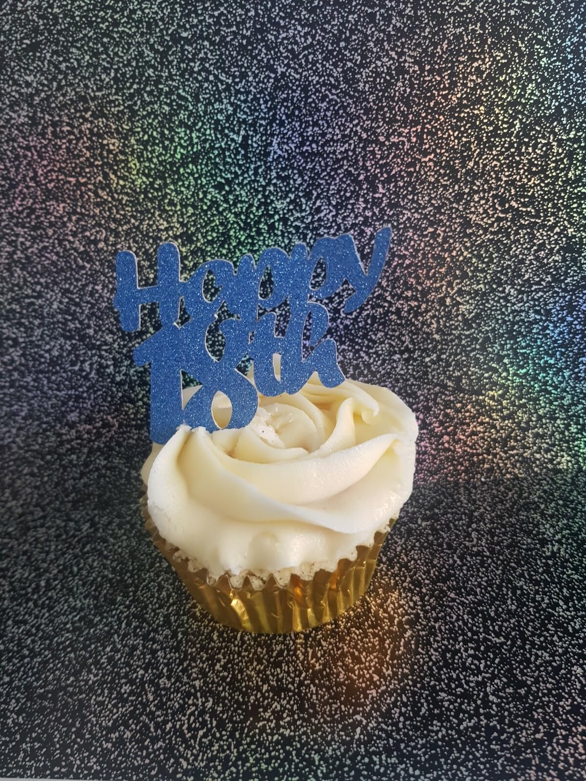 12 Blue Glitter Happy 18th Cupcake Toppers, Birthday Celebration, 6cm x 5cm, 12 Count